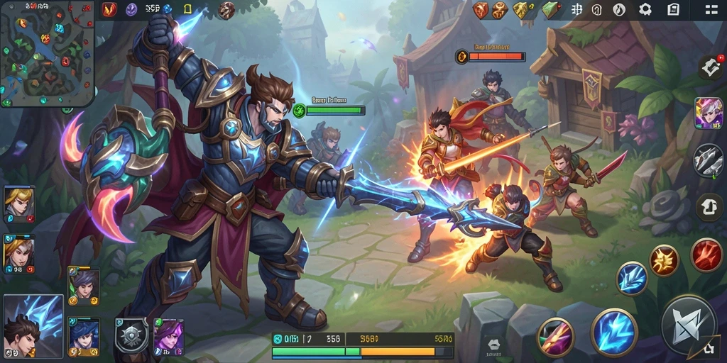 Screenshot utama 55RP menampilkan aksi pertempuran karakter dalam game MOBA.