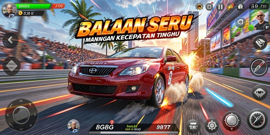 Gameplay menantang di 8G8G dengan kendaraan balap yang cepat.