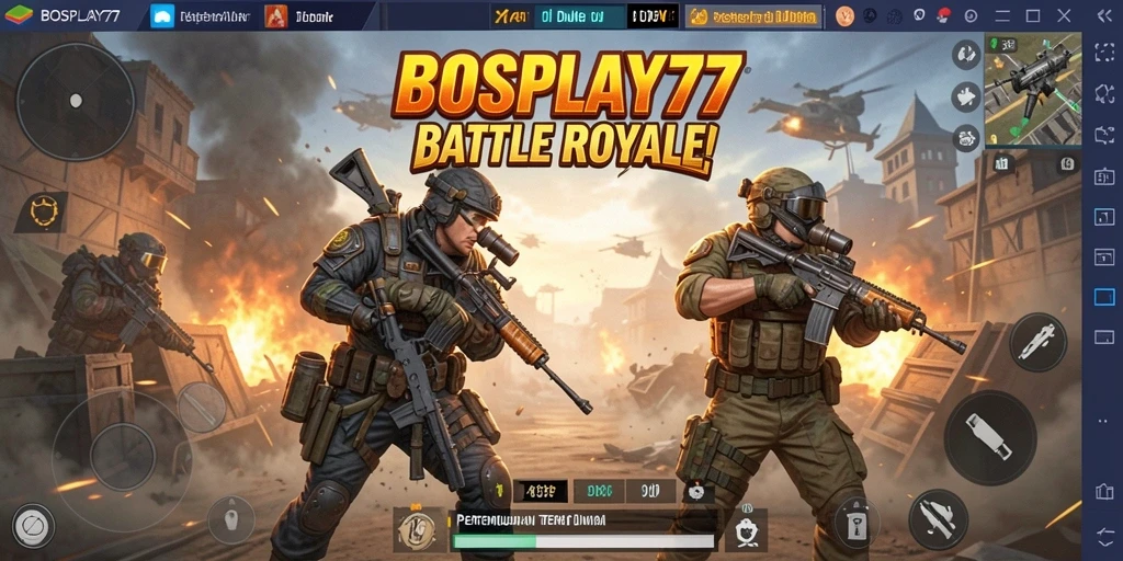 Screenshot gameplay mengesankan dari BOSPLAY77, menunjukkan aksi Battle Royale intens.