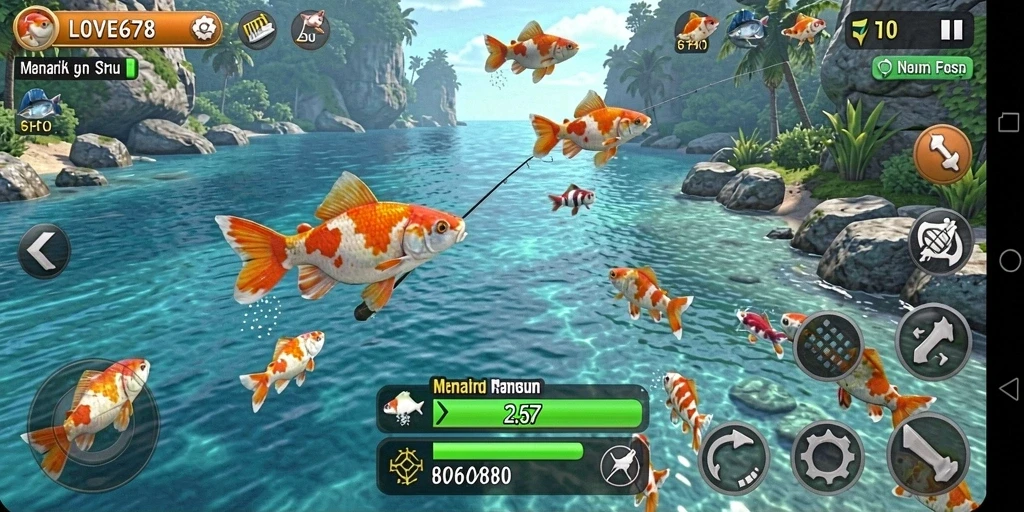 Tampilan gameplay LOVE678 yang menarik saat memancing di danau yang tenang.