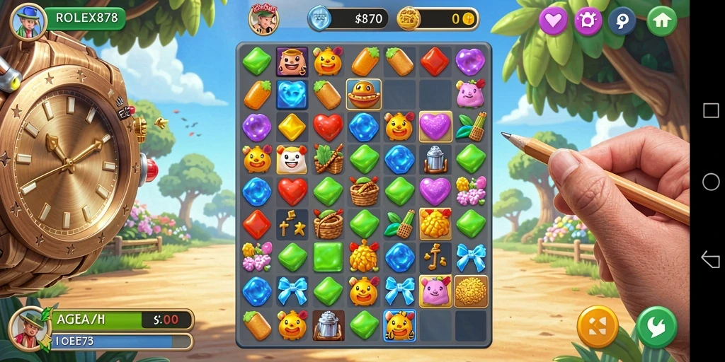 Gameplay Match-3 yang seru dan penuh warna dalam ROLEX878.