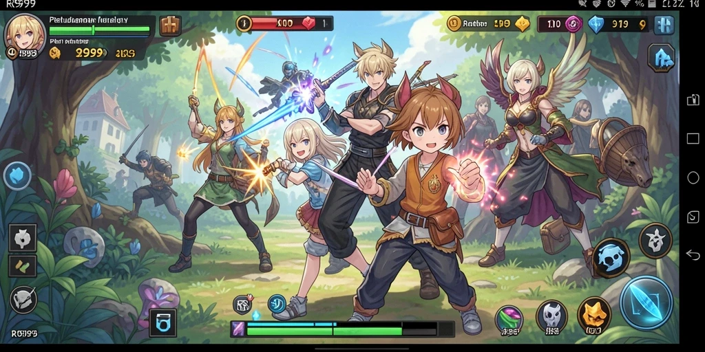 Tangkapan layar gameplay RR999 dengan aksi karakter Anime.