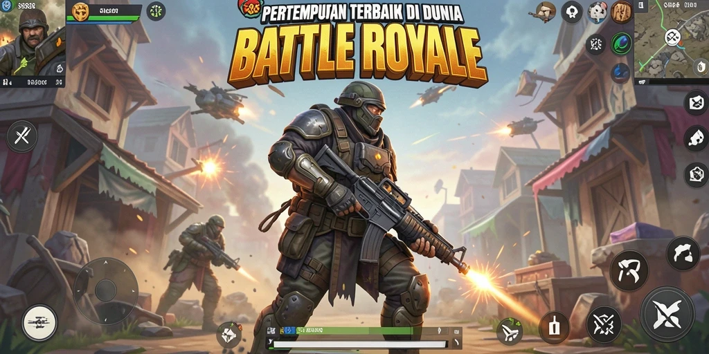 Screenshot utama menampilkan aksi intens dalam game Battle Royale.